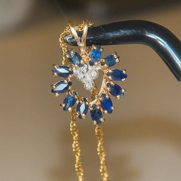 14k Blue Sapphire/Diamond Heart Necklace - Picture 3 of 15